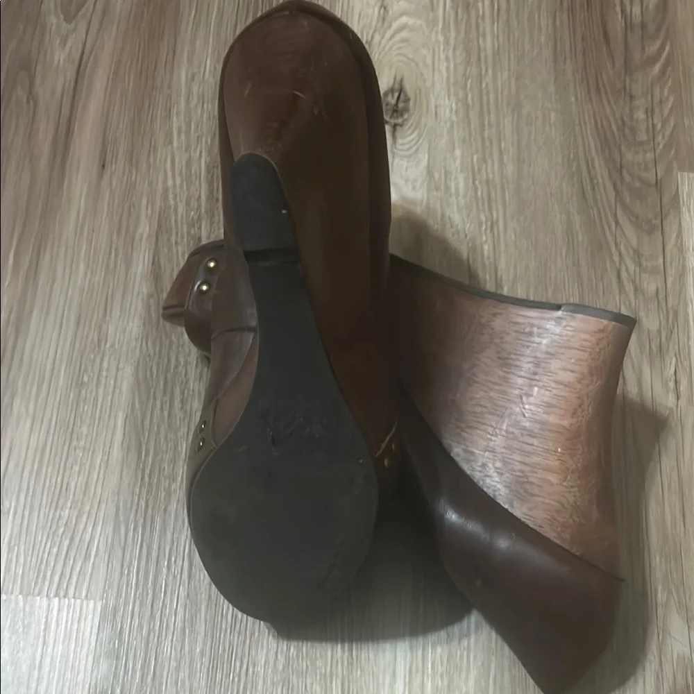 Via Spiga Brown Leather Peep-Toe Wedge Heels